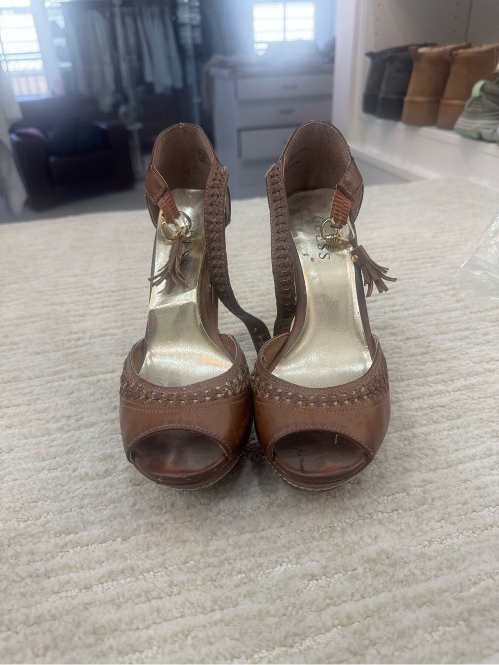 GUESS Brown Peep-Toe Heels with Tassel Detail
